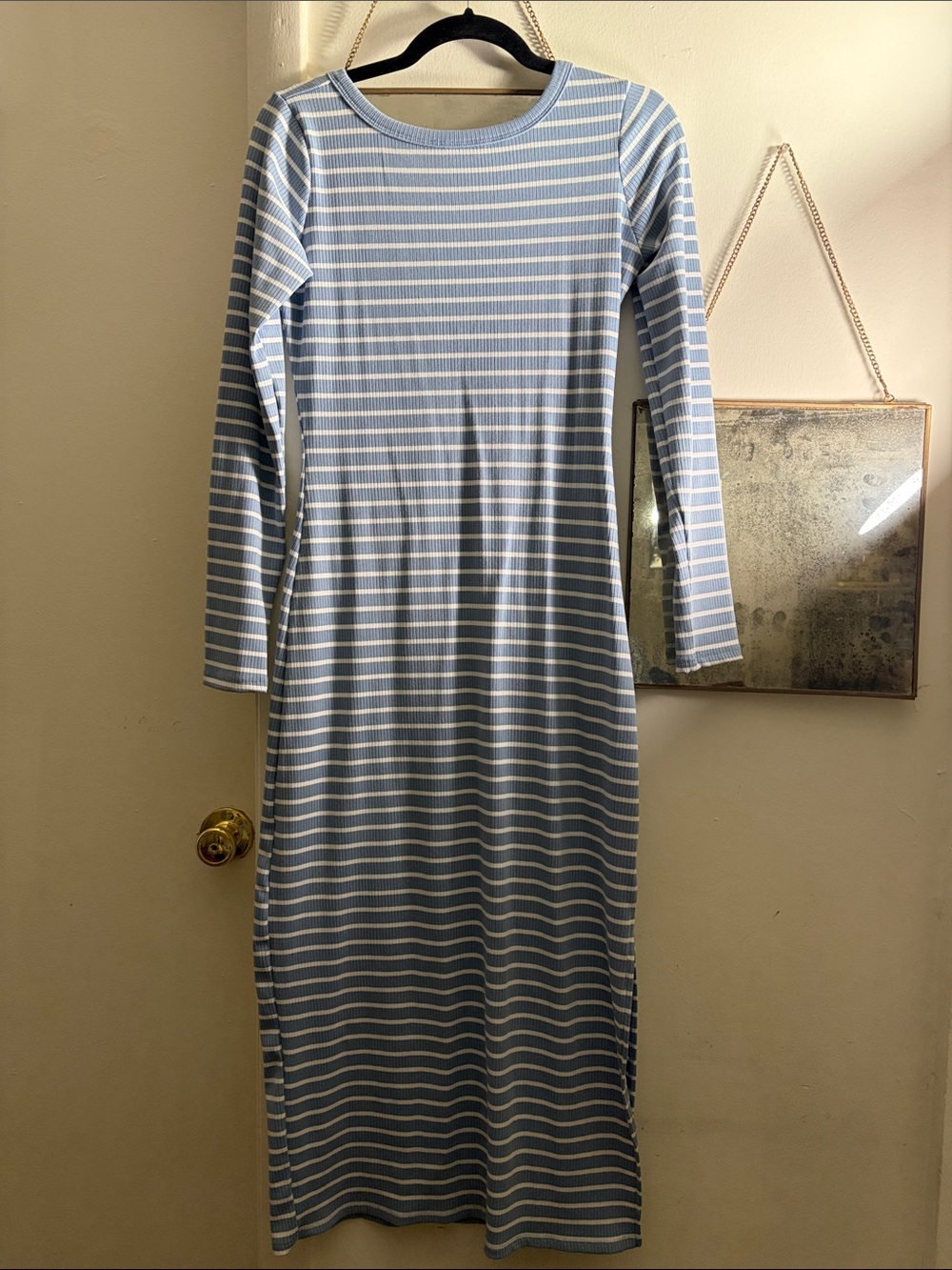 No comment Long Sleeve Blue & White Striped Maxi Dress